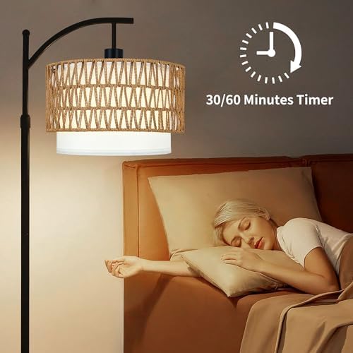 ZECOXOL Arc Floor Lamp with Table and Shelves,Rattan Boho Floor Lamp with Remote Control,Rustic Floor Lamps for Bedroom Wicker Standing Lamp with 3 Color Temperature Tall Lamp for Living Room Corner - Image 5