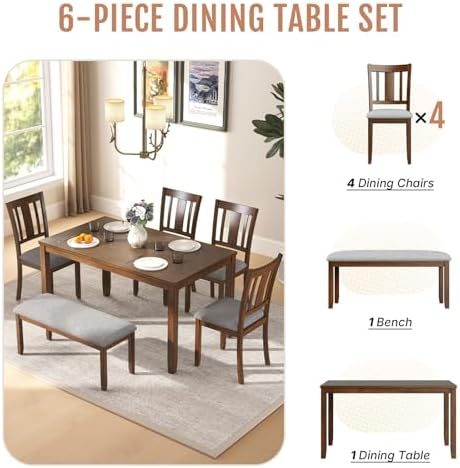 Zevemomo 6-Piece Solid Wood Dining Table Set,Dining Table Set for 6, Walnut - Image 4