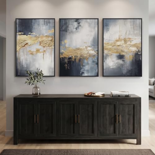 Large Framed Blue and Gold Abstract Wall Art for Living Room, 3 Piece 24x36 - Image 3