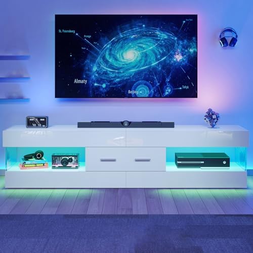 Bestier 67" Modern TV Stand for 75 Inch TV, LED Entertainment Center, White by Bestier