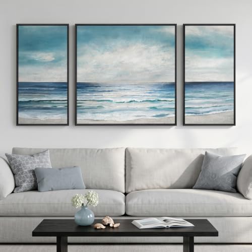 Extra Large Framed Blue White Coastal Wall Art for Living Room, 3 Piece Set by Cuspin