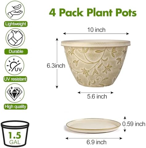 Nooulap 4 Pack 10 Inch Plant Pot with Drainage & Saucer - Image 2