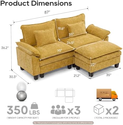 URRED Oversized Modular Sectional Sofa，Yellow：87" L Shaped - Image 2