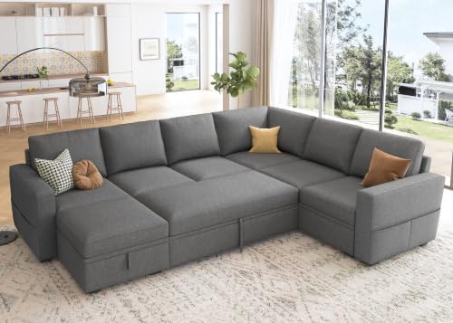 HONBAY Sectional Sleeper Sofa with Pull Out Bed, U Shaped Couch with Storage, Modular Sectional Couches for Living Room, Dark Grey by HONBAY