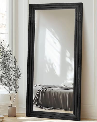 76x34in Full Length Mirror, 3-Tier Stepped Solid Wood Frame, Black - Image 4