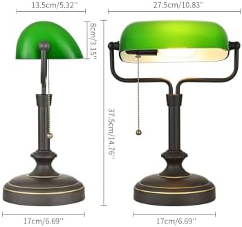 Traditional Banker's Desk Lamp with Glass Shade,Pull Chain Switch, LED Bulb Included (Antique Black+Green) - Image 7