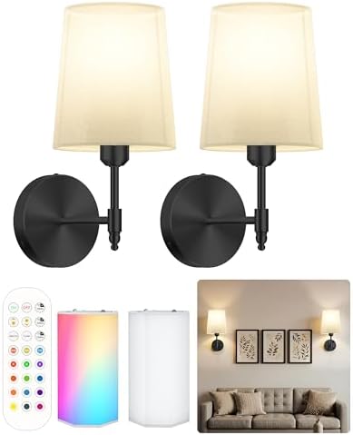 Battery Operated Wall Sconces Set of 2 with Remote Control, 15000mAh, Black by Ouyulong