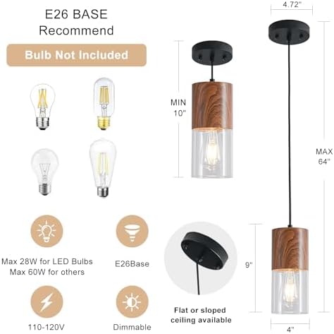 2-Pack Modern Pendant Lights for Kitchen Island, Adjustable Pendant Light Fixtures with Brown Wood Grain, Industrial Clear Glass Pendant Lights for Dining Table Hallway Bedroom Living Room - Image 3