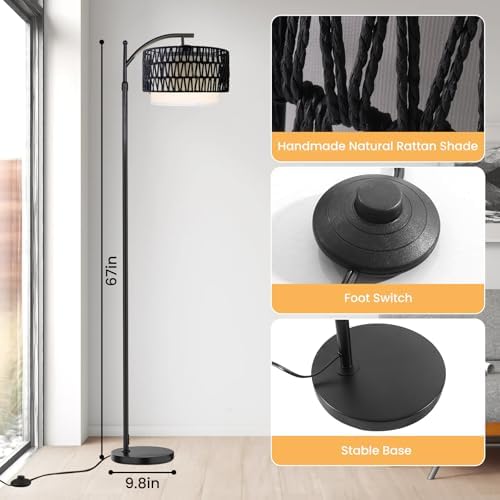 Yusist Arc Floor Lamp for Living Room,Farmhouse Floor Lamps with Remote Control & Dimmable Bulb,Black Rattan Boho Tall Standing Lamp for Bedroom Office - Image 5