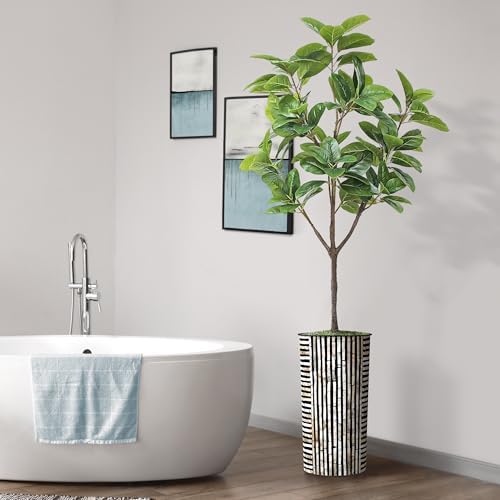 Artificial Tree in Black and Brown Striped Planter, Fake Magnolia Tree for Indoor and Outdoor Home Decoration - 70" Overall Tall (Plant Pot Plus Tree) - Image 6
