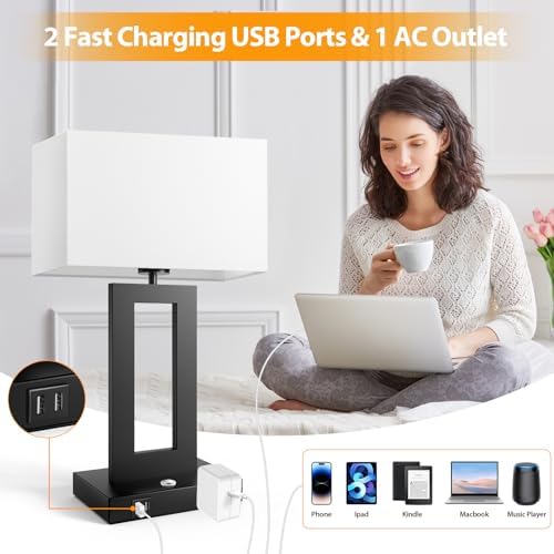 Kondras Set of 2 Table Lamps for Bedrooms, 3-Color Temperatures Touch Control Bedside Lamps with 2 USB Ports&AC Outlet, Stepless Dimmable Living Room Lamps for Nightstand, Bulbs Included, White&Black - Image 3