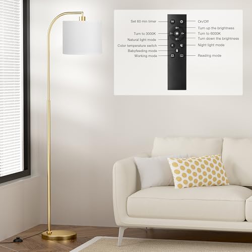 Ambimall Arc Floor Lamp with Remote and Stepless Dimmable Bulb, Colors Temperature & Brightness Adjustable, Floor Lamps for Living Room(White Shade & Gold Pole) - Image 4
