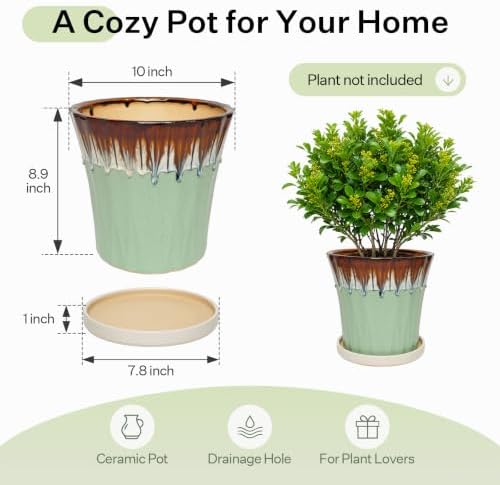 10 Inch Ceramic Planters with Drainage Hole and Saucer,Indoor Outdoor Large Flower Pots, Garden Pot for Plant Lovers (Drip Green) - Image 6