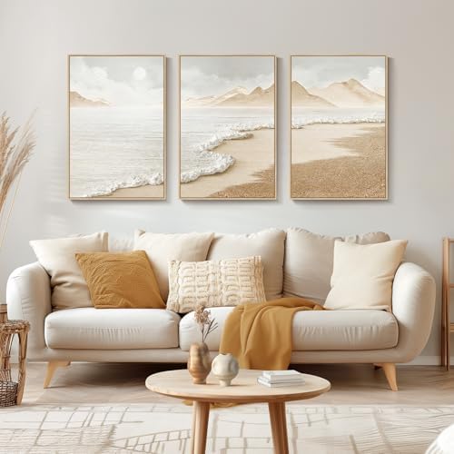 Framed Boho Beach Wall Art, 3 Piece Ocean Decor for Living Room, 30x60 Inch - Image 3