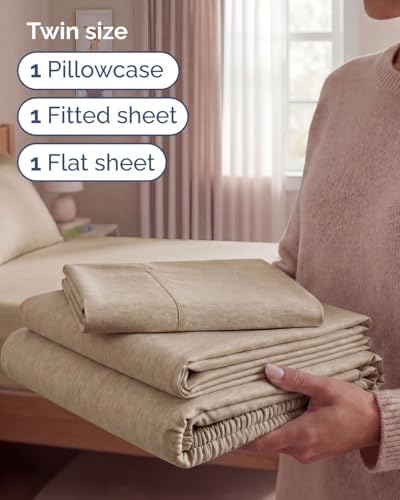 Twin Size 3 Piece Sheet Set - Breathable & Cooling Sheets - Heathered Beige - Image 3