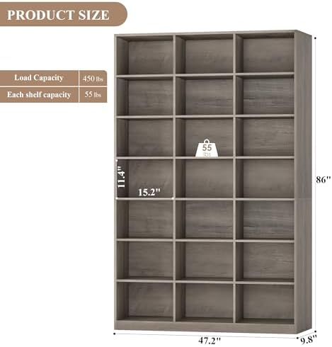 HOSTACK 86"H Triple Wide Bookshelf and Bookcase, 7 Tier Tall Bookshelf with Storage, Large Bookcase with 21 Open Display Storage Shelves, Wood Book Shelf Media CD DVD Storage for Living Room, Ash Gray - Image 3