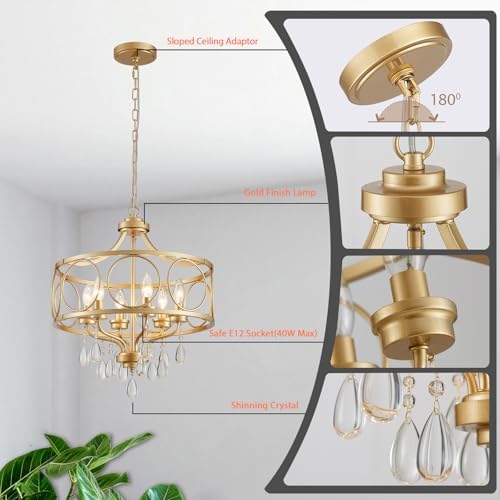 6-Light Modern Gold Crystal Chandelier, 17.7" Farmhouse Ceiling Light Fixture, Hanging Metal Pendant Lights Kitchen Island Dining Room Entryway Foyer - Image 5