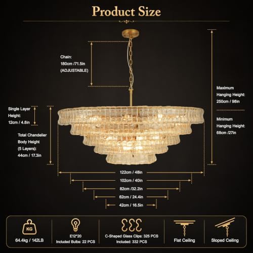 48" 5-Tier Clear Ripple Glass Chandelier, 20-Light Round Brass Chandelier - Image 3