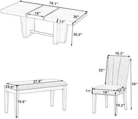 6-Piece Farmhouse Functional Dining Set, Rubber Wood Extendable Dining Table with 4 Upholstered Chairs& Bench, Thick Tabletop and Trestle Legs, Rectangular Dining Room Table Set for 6 (Natural-7.2) - Image 3