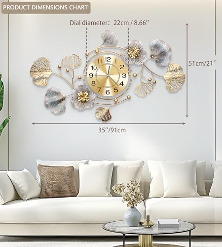 36" Modern Farmhouse Large Decorative Wall Clock, Ginkgo Metal Art - Image 2