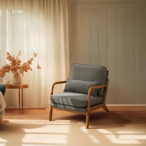 Bonnlo Linen Dark Grey Mid Century Modern Accent Chair, Soild Wood Padding Lounge Armchairs Side Sitting Chairs for Living Room, Bedroom, Guest Room by Bonnlo