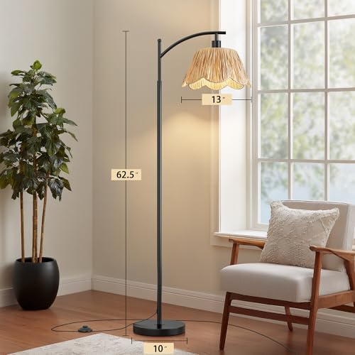Oneach Boho Rattan Floor Lamp for Living Room, Farmhouse Standing Lamp with Hand-Woven Shade, Black Metal Base & Pole, Foot Switch - Corner Reading Lamp for Bedroom - Image 3