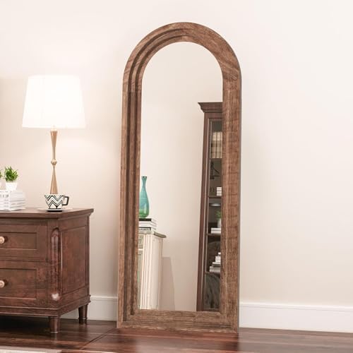 Arched Full Length Mirror with Solid Wood Frame 65x24 Inch Wall Mounted Floor Mirror, Vertical Hanging Leaning Standing Mirror for Living Room, Bedroom, Entryway, Brown - Image 4