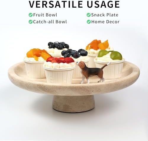 Marble Fruit Bowl for Kitchen - 11.8" Travertine Decorative Stone Pedestal Bowls for Home Decor, Footed Fruits Holder For Dining Table Counter Organization - Image 4