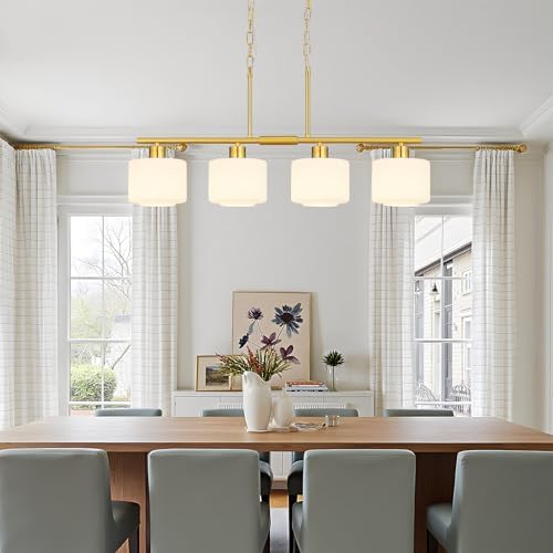 4-Light Brushed Gold Kitchen Island Lighting, Modern Linear Dining Room Chandelier Light Fixtures with Milk Glass and Chain, Mid Century Hanging Lights for Kitchen Island, OS-YQ8153-4ISBGW - Image 5
