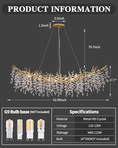 Modern Crystal Chandelier for Dining Room, 16-Light 63" Gold Tree Branch Chandeliers, Luxury K9 Crystal Rectangular Chandeliers for Kitchen Island Living Room - Image 2