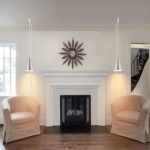 Brushed Nickel Plug In Pendant Light,Hanging Lights with Plug In Cord On/Off Switch, Mini Silver Pendant Lights for Kitchen Island,Modern Chandelier with Metal Shade,Hanging Lamps for Bedroom - Image 3