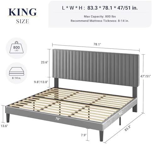 Allewie King Bed Frame, Velvet Upholstered Platform Bed with Adjustable Vertical Channel Tufted Headboard, Mattress Foundation with Strong Wooden Slats, Box Spring Optional, Easy Assembly, Grey - Image 2
