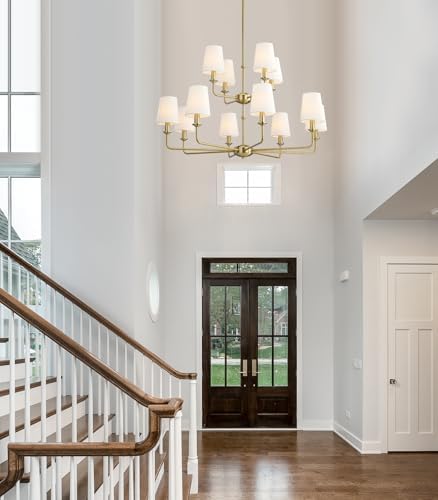 12-Light Brushed Gold Chandelier, E12 Bulb Compatible, White Fabric Shades, Adjustable Rod, Farmhouse & Industrial Style Ceiling Light for Living Room Dining Room Bedroom - Image 5