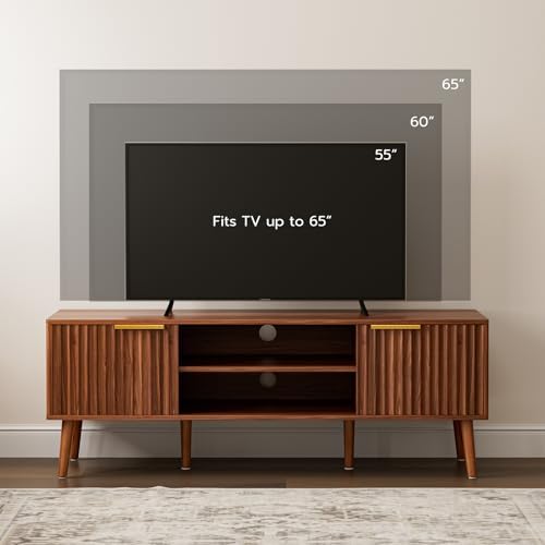 LCRBOL TV Stand with Fluted Doors for TVs up to 65", Mid-Century, Walnut - Image 3
