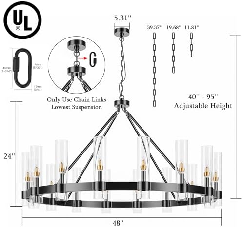 48 Inch Black Wagon Wheel Chandelier with Glass Shade, 16 Lights, Modern Farmhouse Style, Ideal for Dining Room, Kitchen, Entryways - Image 5