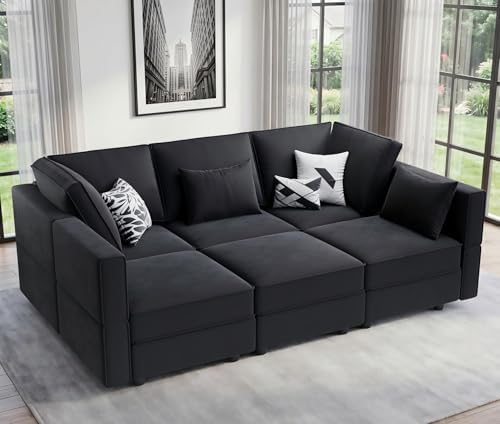 Vesgantti 92" 6 Seats Modular Sectional Sleeper Sofa with Storage, Black by Vesgantti