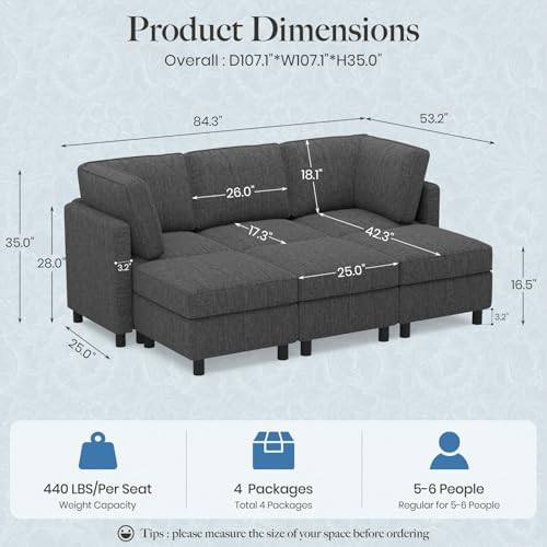 Belffin 84.3" Modular Sectional Sofa 6 Seats Sleeper Sofa Washable Sectional Couches for Living Room Comfy Couches with Storage Deep Seat Couch Sofas with Chaise,Dark Grey - Image 2