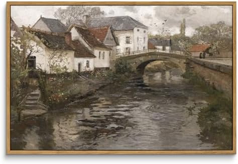 InSimSea Framed Canvas Wall Art Vintage Decor, Landscape Wall Art, Riverside Small Town Large Canvas Prints Home Decor, Rustic Farmhouse Wall Decor for Bedroom Living Room, 16"x24" by InSimSeaArt