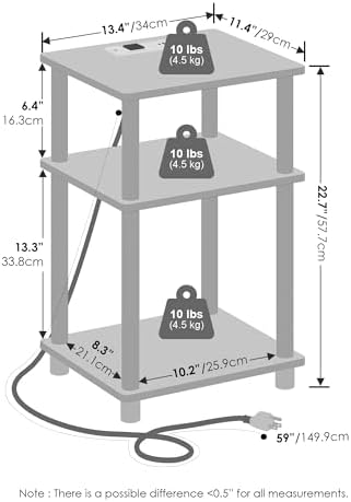 Furinno Just 3-Tier Night Stand with Charging Station, Black Espresso - Image 3