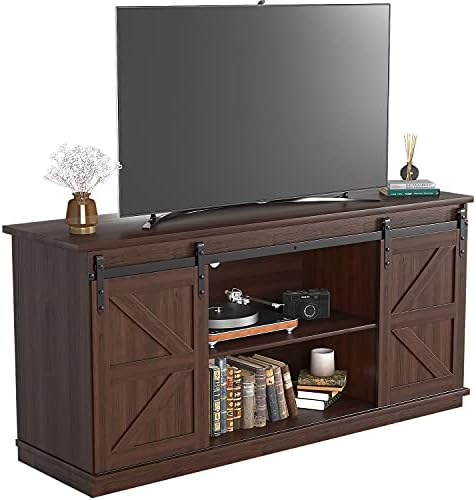 JUMMICO TV Stand for 65 Inch TV, Sliding Barn Doors, Brown by JUMMICO
