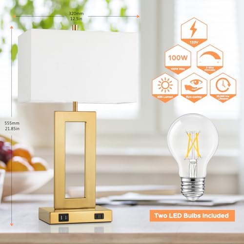 TOBUSA 22" Gold Modern Table Lamp Set of 2 with 2 USB Ports&AC Outlet - Image 5