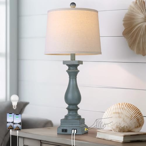 28" Tall Farmhouse Table Lamp with USB C+A Ports and AC Outlet, 3 Way Touch Control Rustic Bedside Lamp for Bedroom, Blue Vintage Nightstand Lamp for Living Room Office by MouvovoLighting