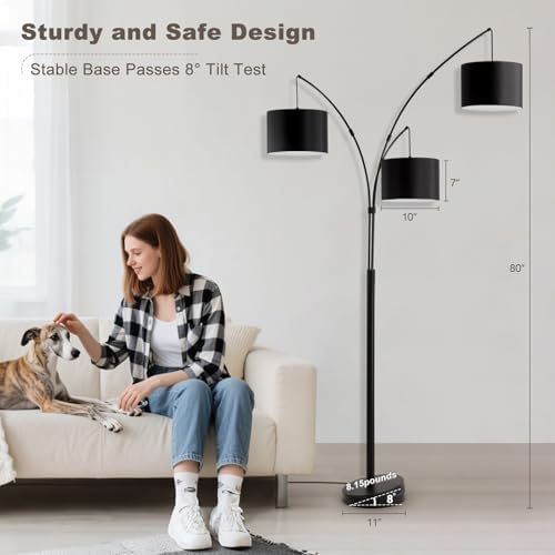 Floor lamp with Remote, 3 Light Arc Floor Lamps for Living Room, 2400LM Tall Standing Floor Lamps with Black Shades, 80" Large Floor Lamp for Bedroom, Office - Image 7