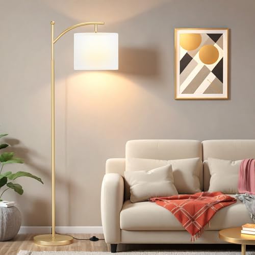 Ambimall 60" Floor Lamp for Living Room with 3 Color Temperatures, Adjustable White Shade with Gold Pole, Tall Lamp for Bedroom Office Classroom Dorm Room, 9W LED Bulb Included by Ambimall