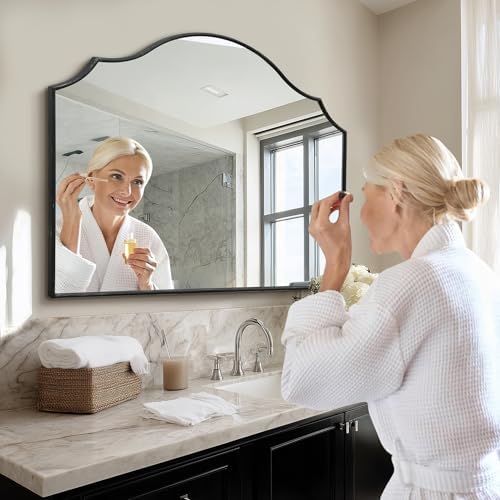 Besdomus Black Scalloped Wall Mirror: 40"x29" Large Wooden Bathroom Mirror - Image 4