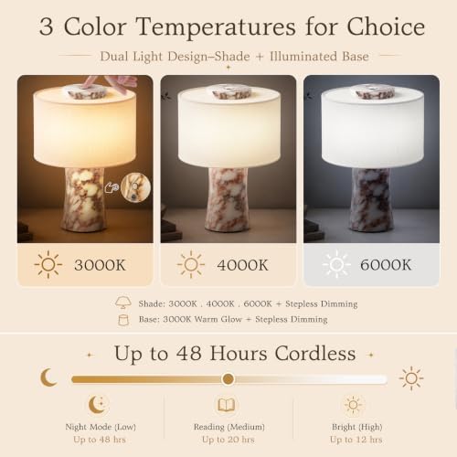 WMK Marble Lamp Cordless, Rechargeable Marble Touch Lamp with 3 Color, Linen Lampshade Stepless Dimming, Luxury Natural Calacatta Viola Stone Table Lamp for Bedroom, Living Room & Office(Dual Light) - Image 4
