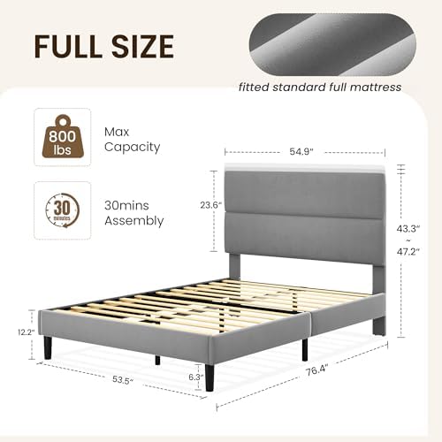 GRUSIGN Full Size Platform Bed Frame with Velvet Headboard, Adjustable Height Wooden Slats Support, Upholstered Mattress Foundation, Fits Mattress or Mattress with Box Spring, Easy Assembly, Grey - Image 2