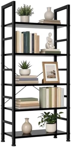 5 Tier Bookshelf, Free Standing Black Bookcase with Open Storage Shelves by SageNest