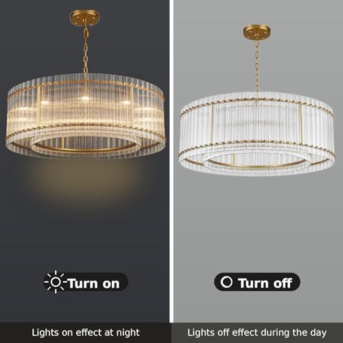 48-Inch Ripple Glass Chandelier, 2-Tier 10-Light Large Brass Round Chandelier for Dining Rooms, Living Rooms, Foyers, Staircases, Open-Concept Spaces & High Ceilings - Image 3