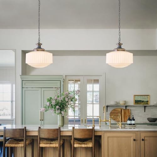 Vintage Milk Glass Pendant Lights, 13.8" White Pleated Glass Chandelier, Schoolhouse Antique Pendant Lights, for Kitchen Island Lighting, Hallway, Bedroom, Dining Room, Foyer, E26 Bulb Included - Image 2